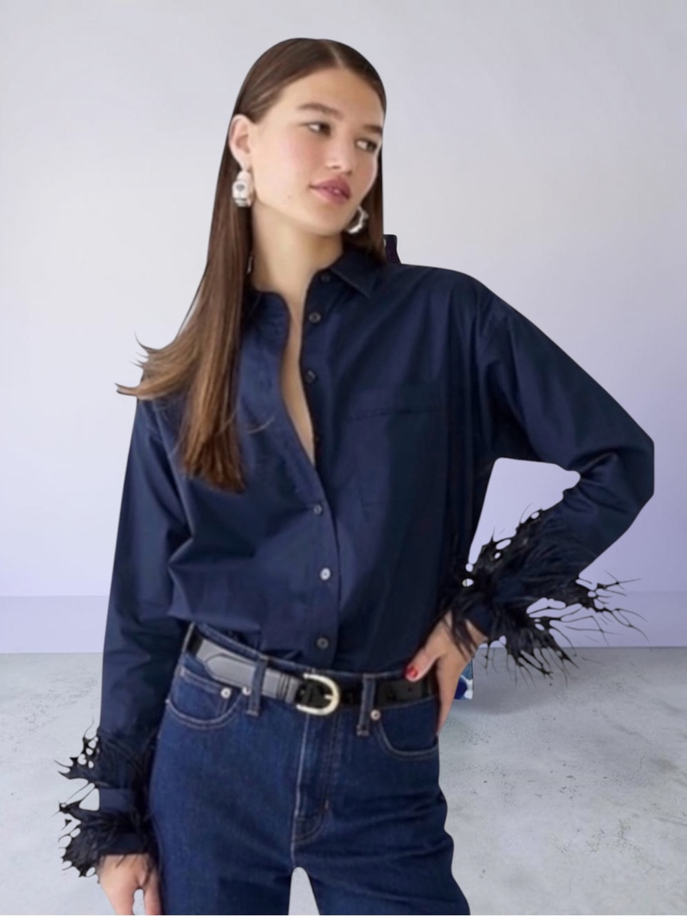 J. CREW COLLECTION Feather-Trim Cotton Poplin Button-Up Shirt Size 8